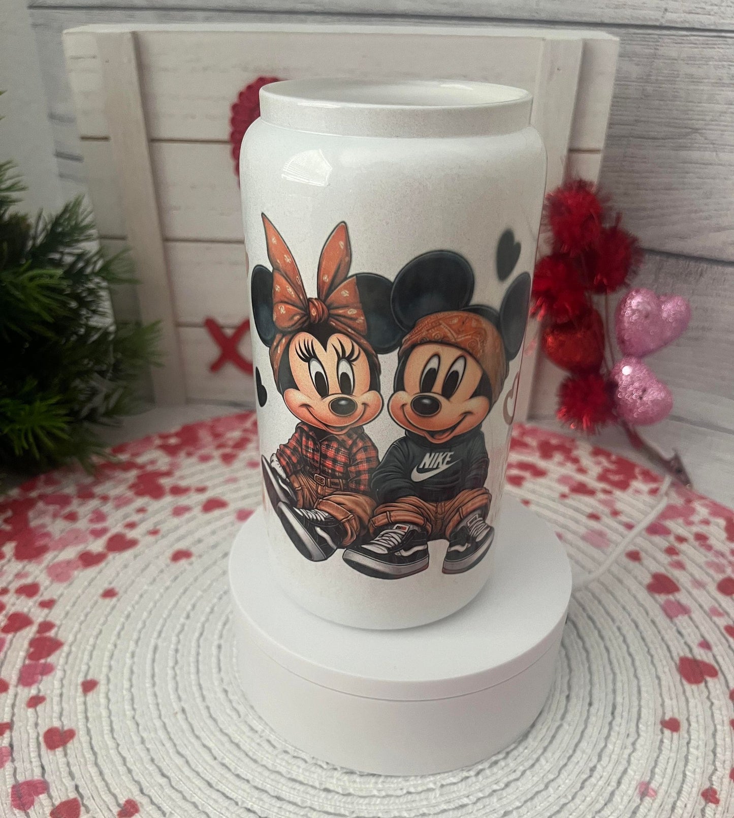 Chicano Mickey and Minnie glass can